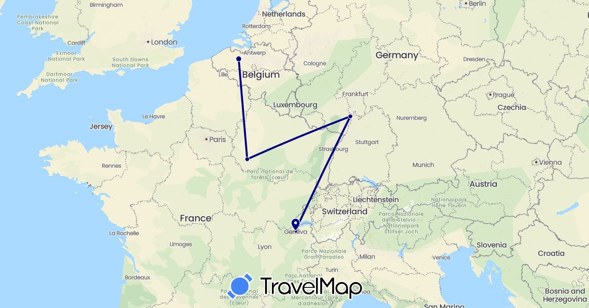 TravelMap itinerary: driving in Belgium, Switzerland, Germany, France (Europe)