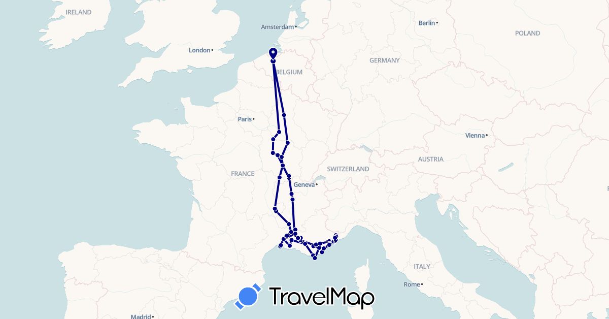 TravelMap itinerary: driving in Belgium, France, Monaco (Europe)